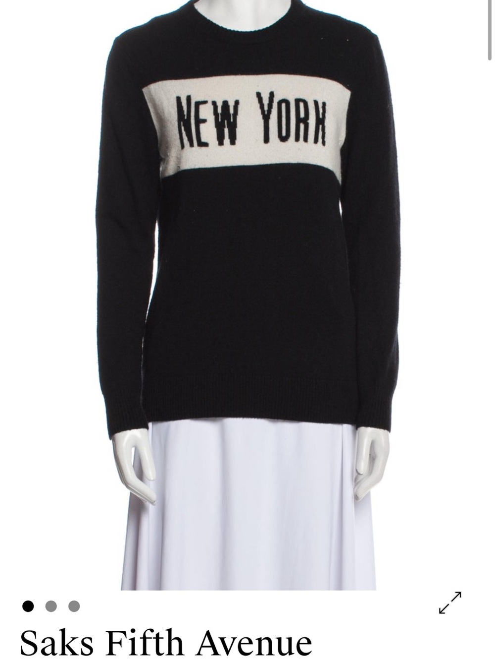 Saks Fifth Avenue Black Crewneck Sweater with Cream 'New York' Band
